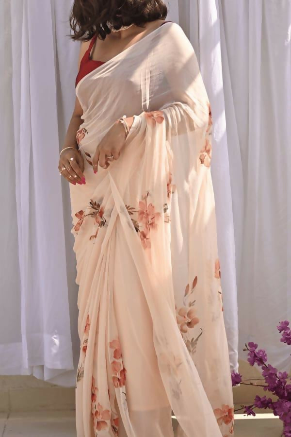 Exclusive Collection Beautiful Light Cream Pure Cotton Hand Print Handloom Saree With Running Blouse Piece