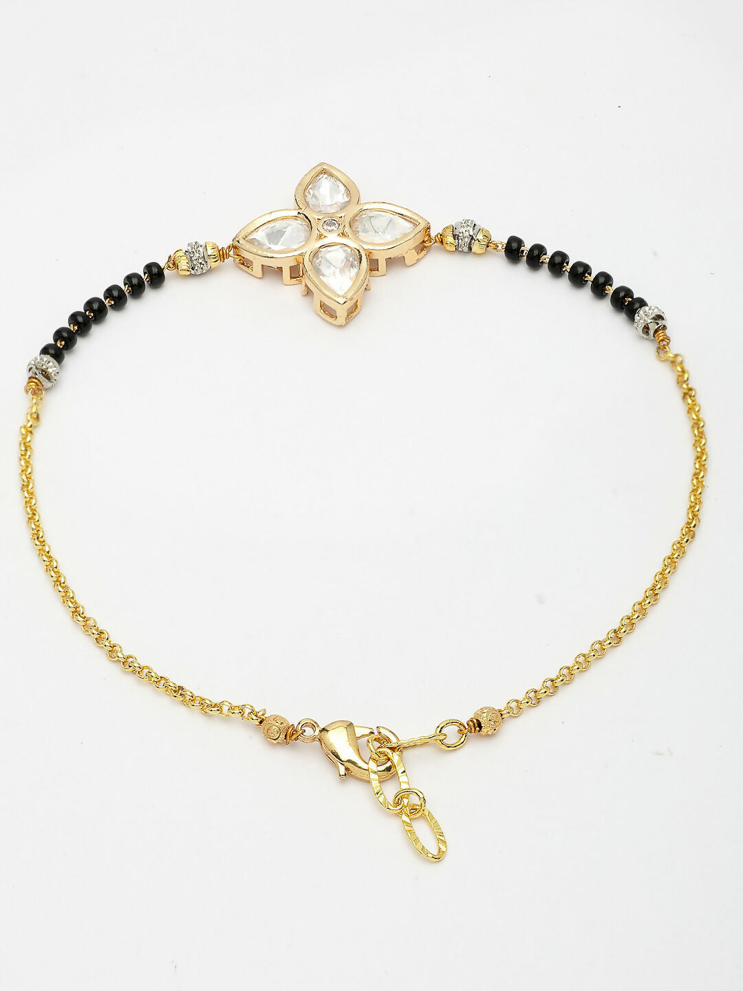 NVR Women Gold-Polished & Black Brass Stone-Studded Hand Mangalsutra Link Bracelet