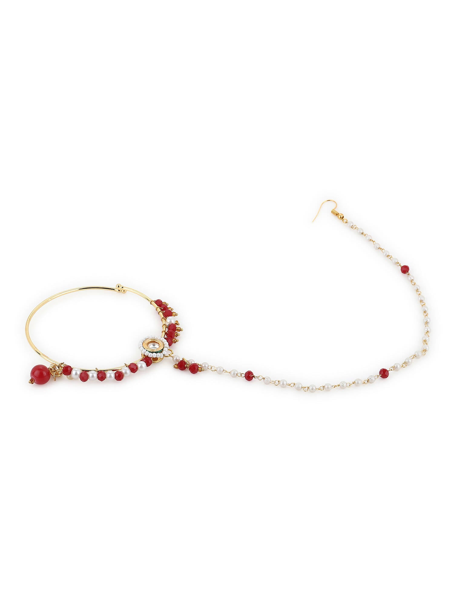 White Red Gold-Polished Kundan-Studded Beaded Nosepin - Ruby Raang