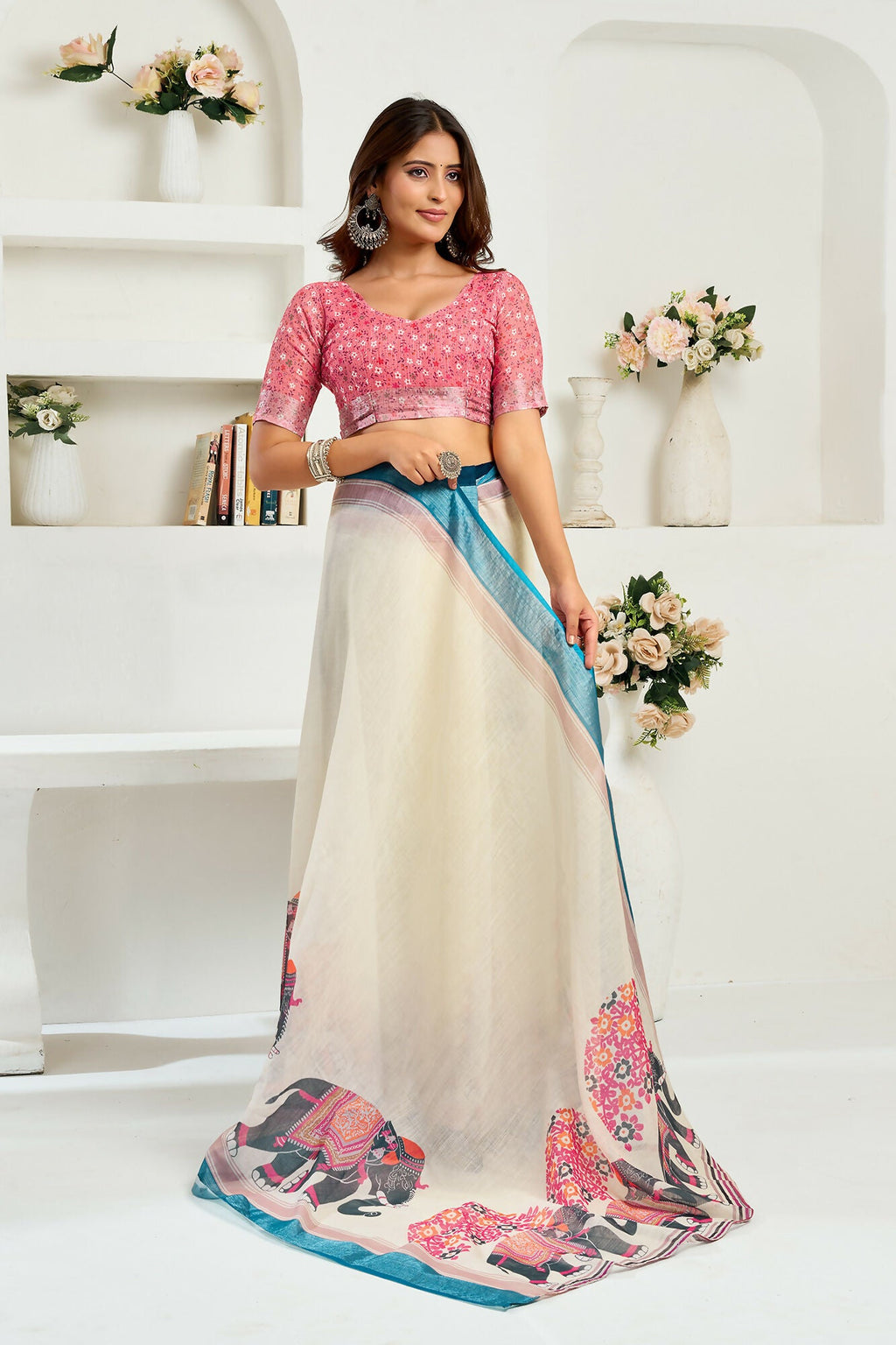 Vastranavya Cream Digital Printed Linen Ready To Wear Designer Saree with Unstitched Blouse