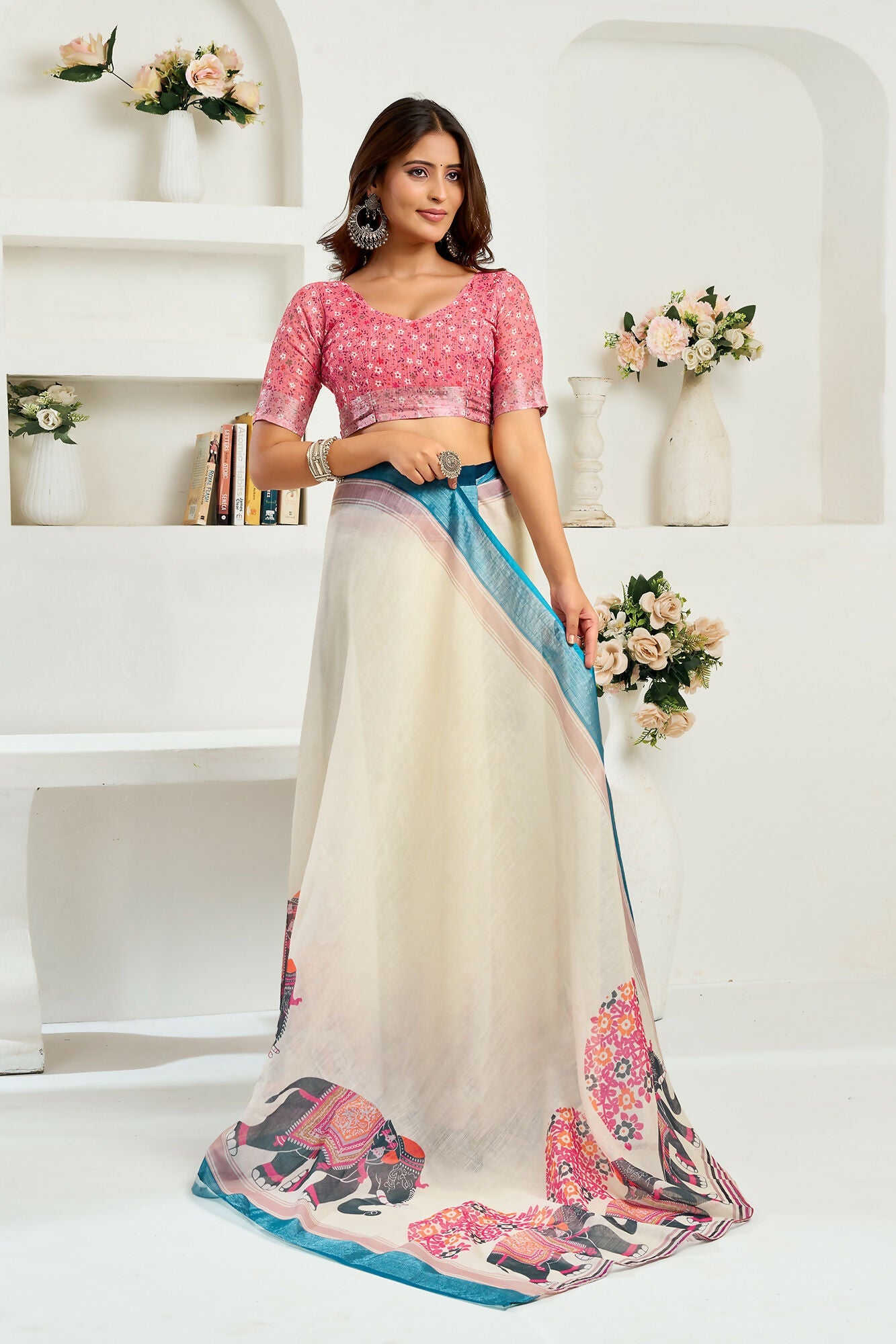 Vastranavya Cream Digital Printed Linen Ready To Wear Designer Saree with Unstitched Blouse
