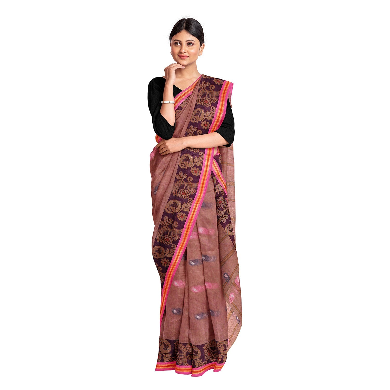 Exclusive Collection 100% Pure Cotton Mauve Tant Saree With Hand Weaving Work