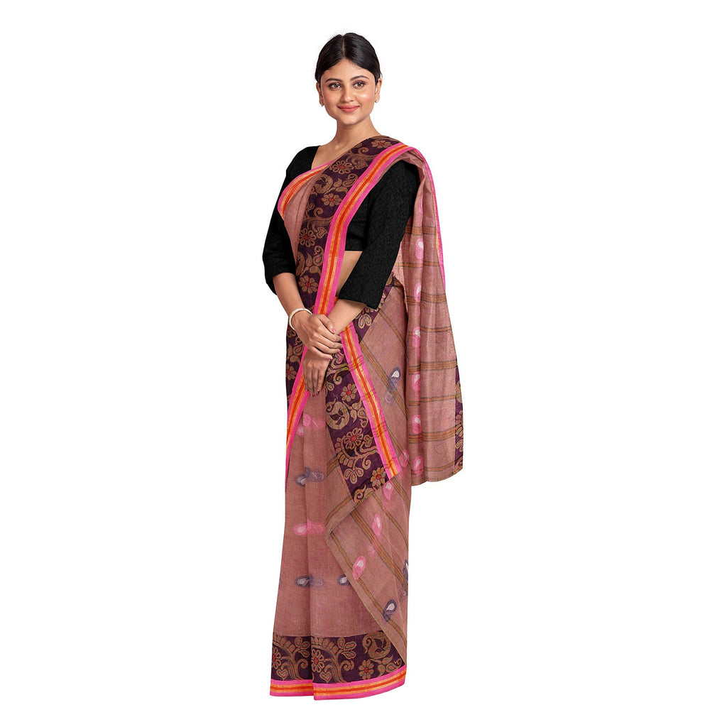 Exclusive Collection 100% Pure Cotton Mauve Tant Saree With Hand Weaving Work