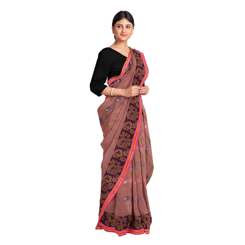 Exclusive Collection 100% Pure Cotton Mauve Tant Saree With Hand Weaving Work
