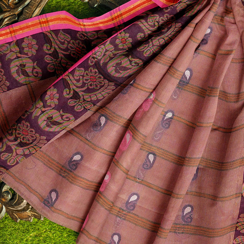 Exclusive Collection 100% Pure Cotton Mauve Tant Saree With Hand Weaving Work