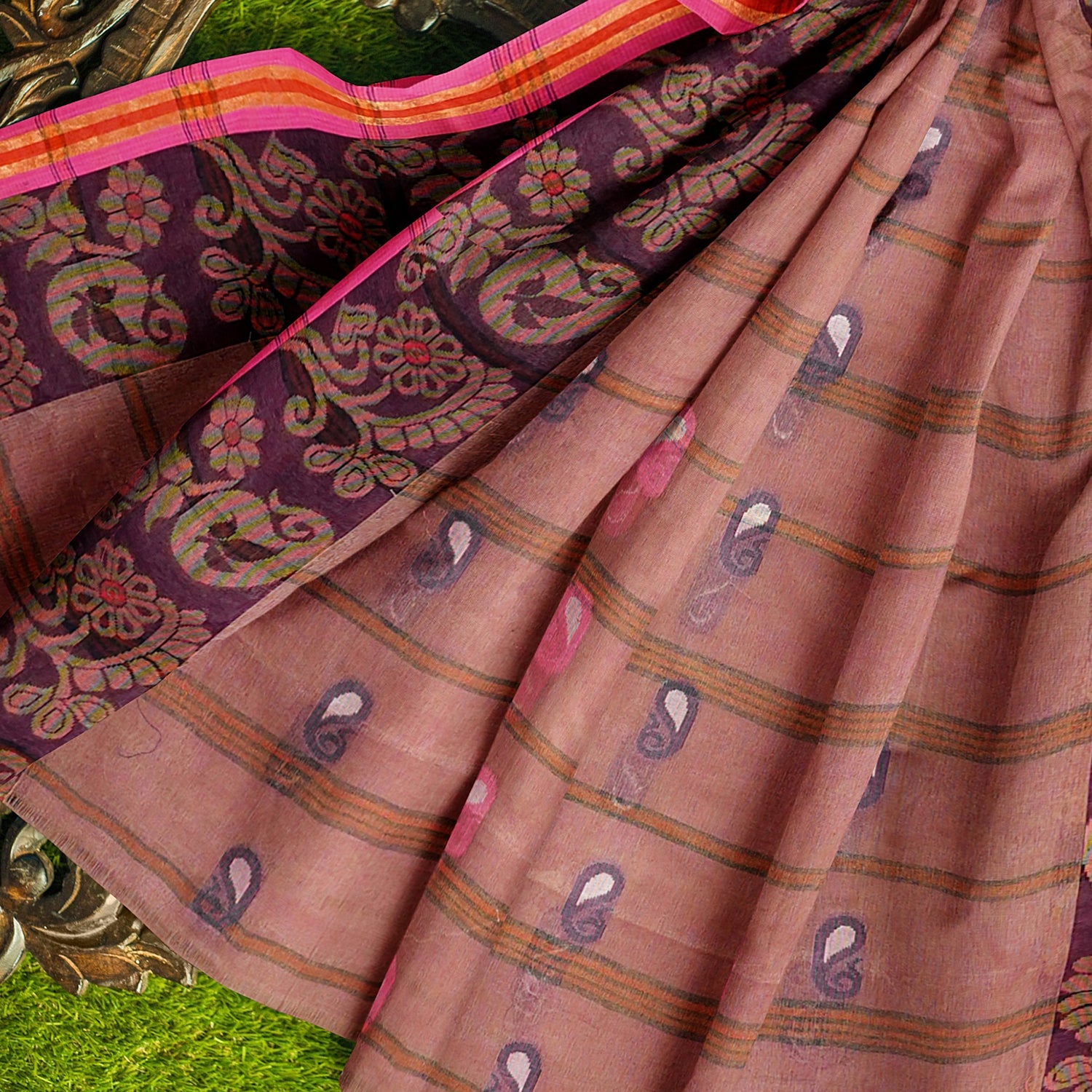 Exclusive Collection 100% Pure Cotton Mauve Tant Saree With Hand Weaving Work