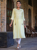 Juniper Women's Lemon Rayon Slub Solid Embroidered Straight Kurta