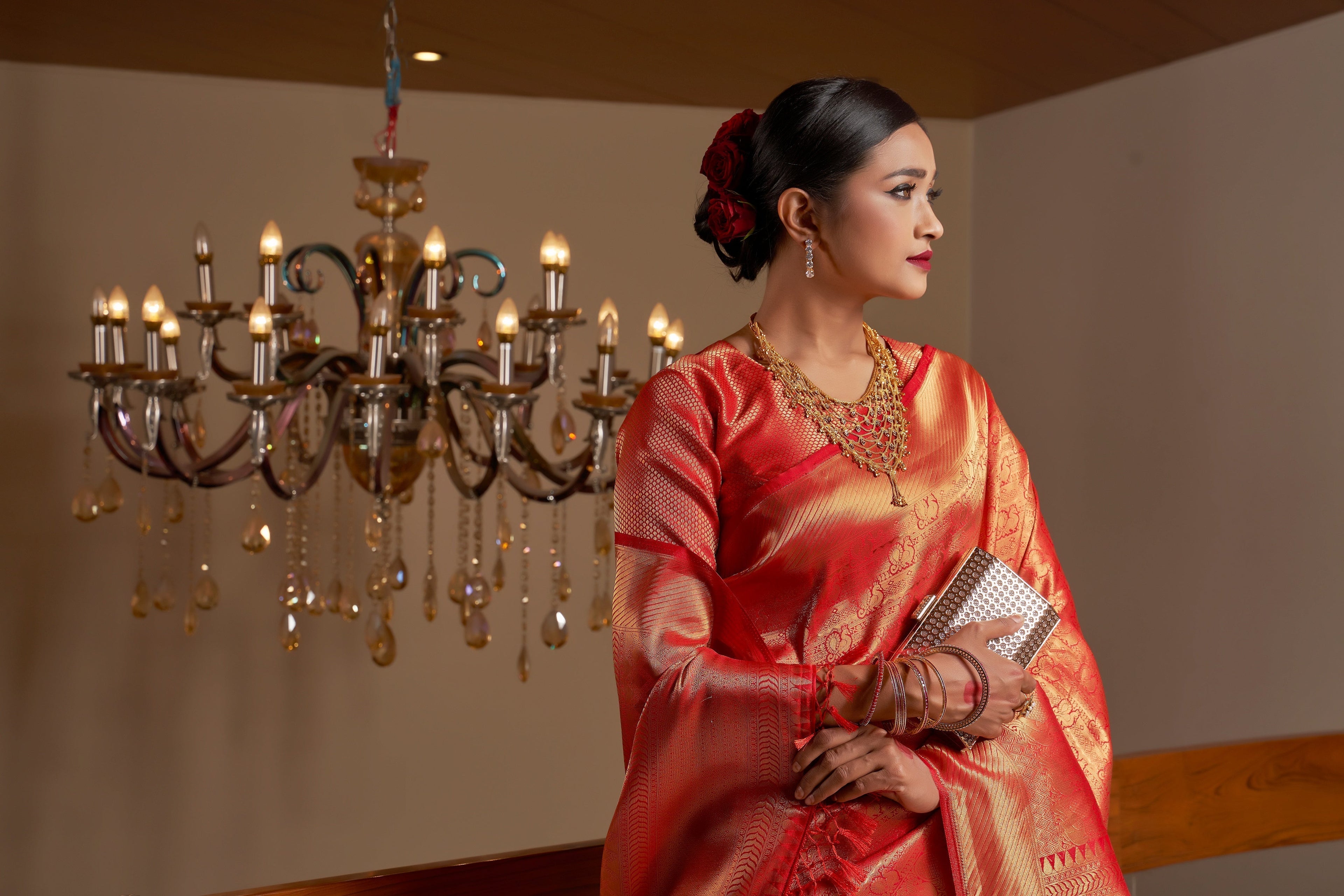 Vardha Red Rose Golden Zari Kanjeevaram Silk Saree