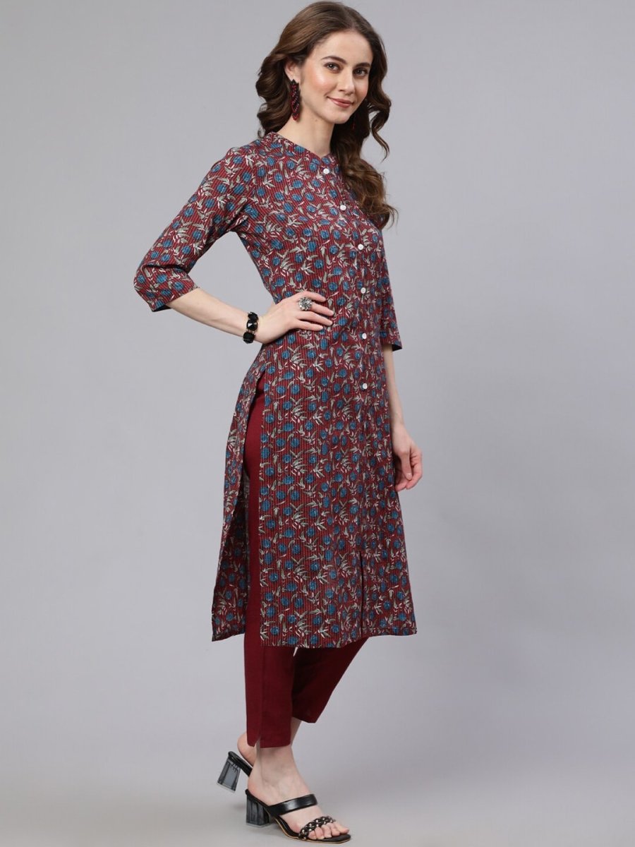 Aks Floral Printed Mandarin Collar Pure Cotton Kurta with Trousers