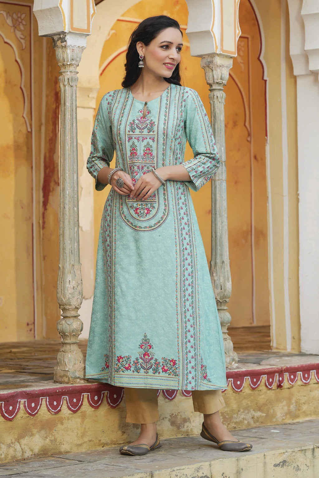 Juniper Women Sky Blue Rayon Printed A-Line Kurta