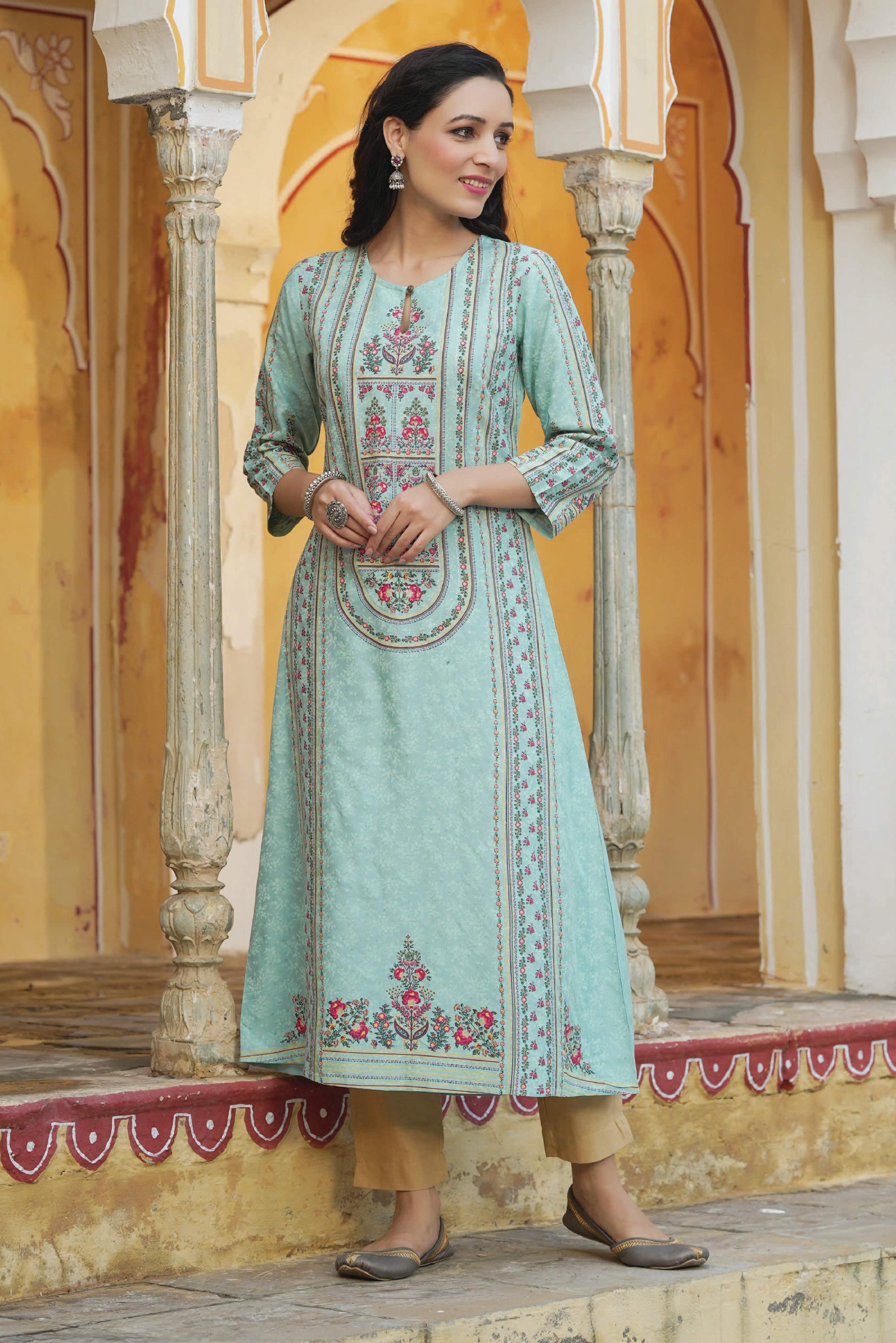 Juniper Women Sky Blue Rayon Printed A-Line Kurta