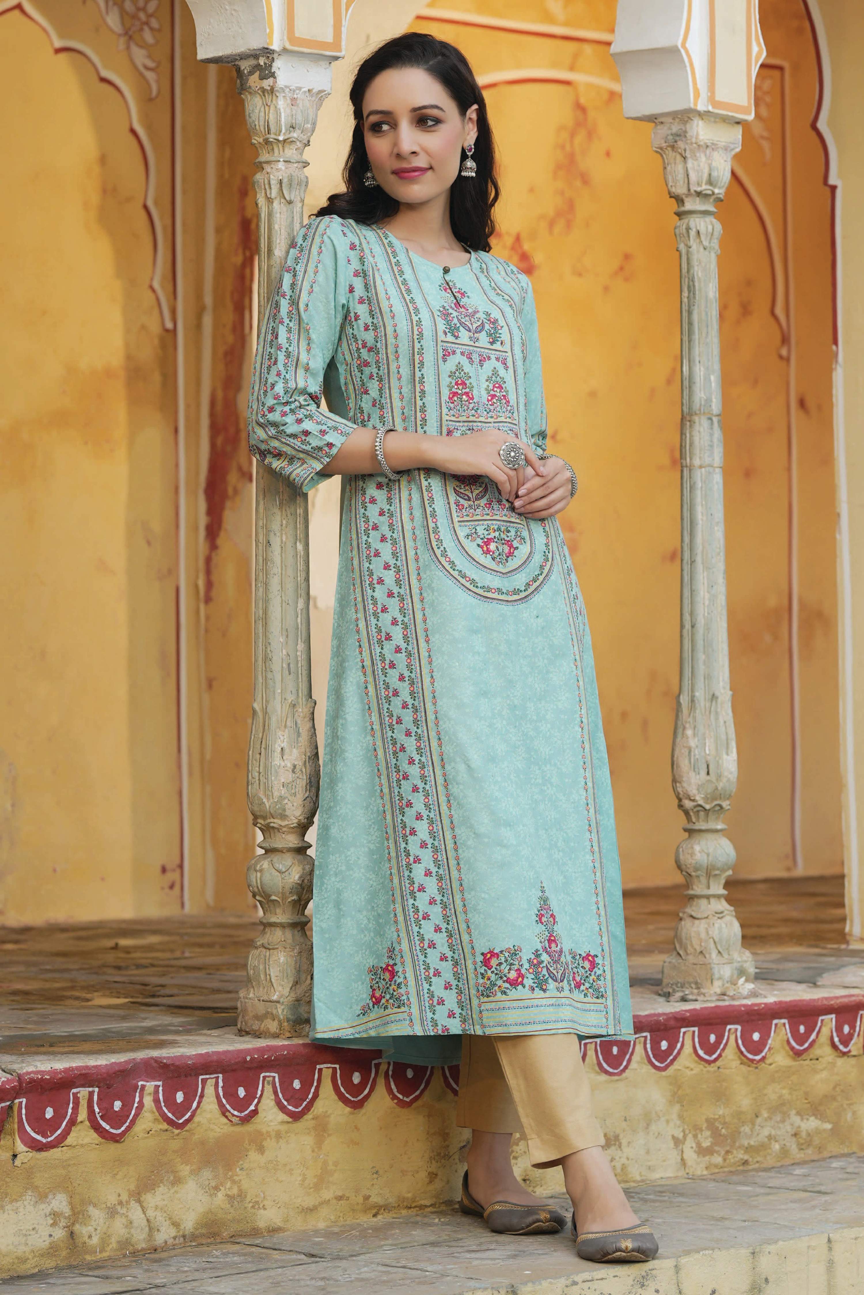 Juniper Women Sky Blue Rayon Printed A-Line Kurta