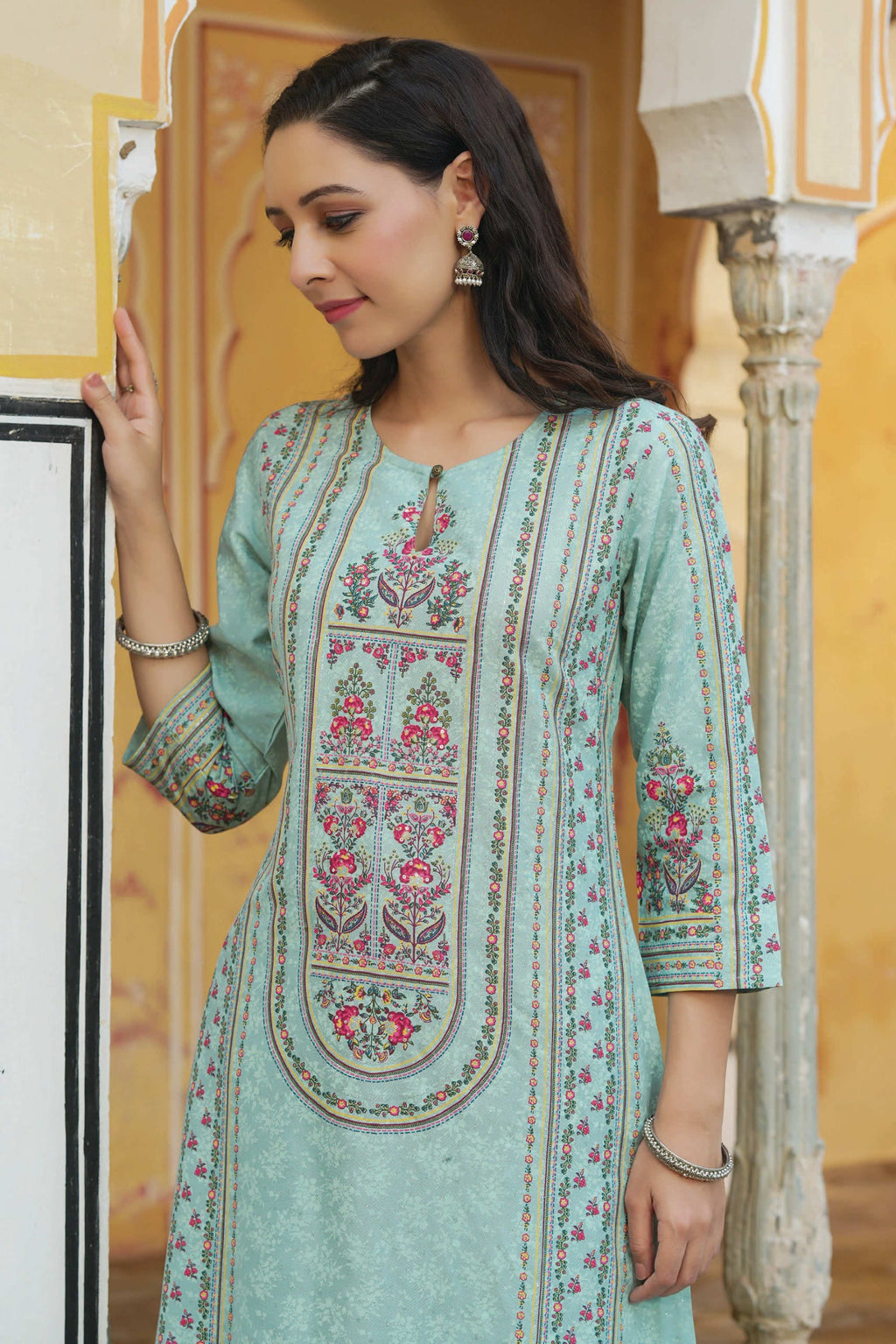 Juniper Women Sky Blue Rayon Printed A-Line Kurta