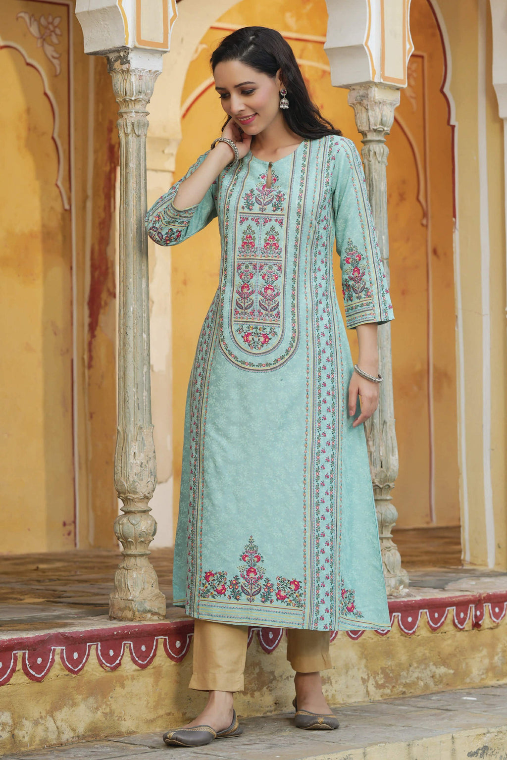 Juniper Women Sky Blue Rayon Printed A-Line Kurta