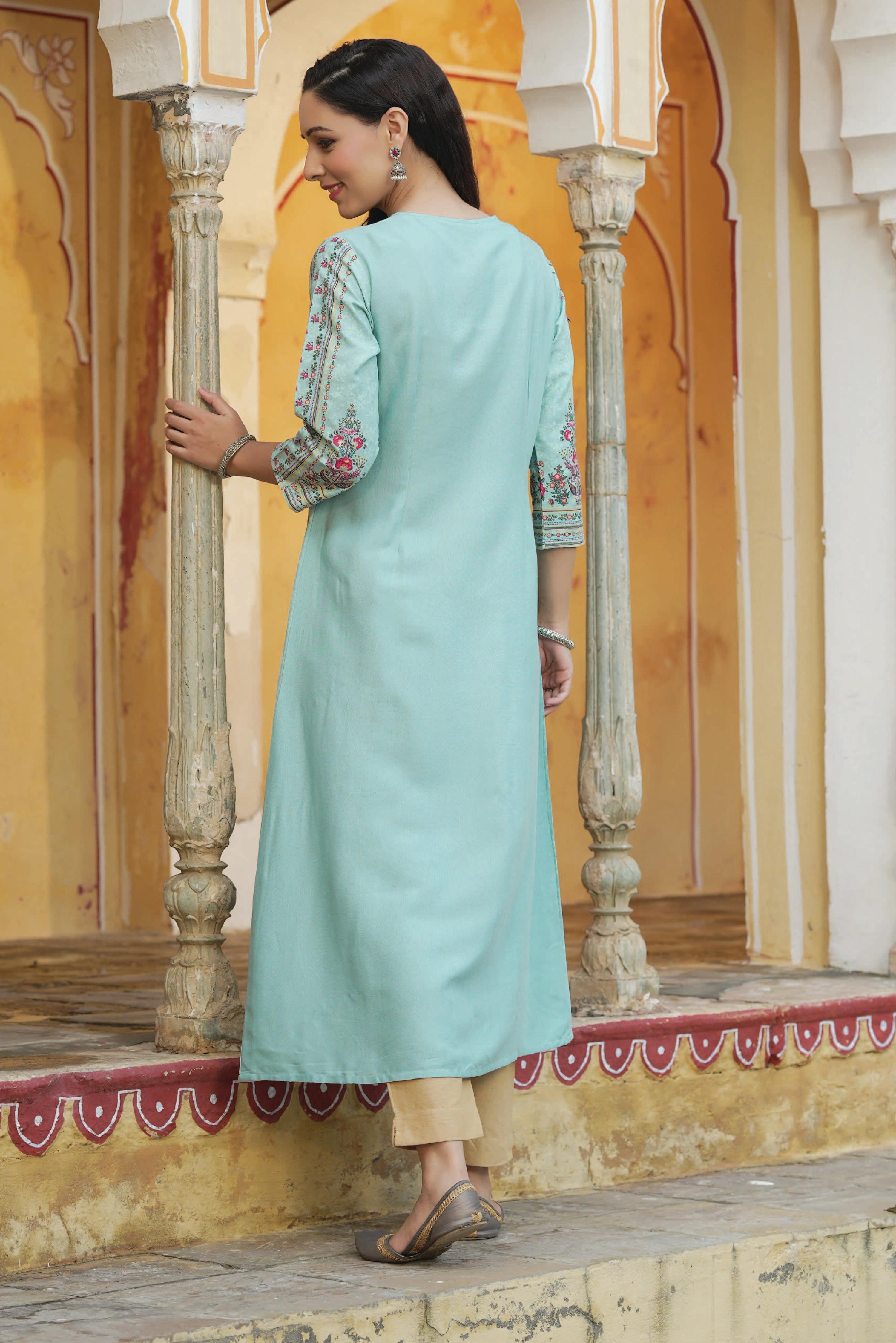 Juniper Women Sky Blue Rayon Printed A-Line Kurta