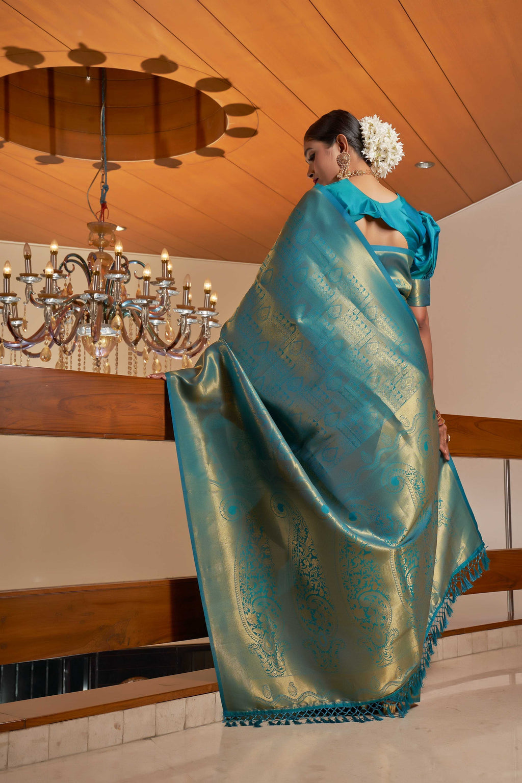 Vardha Cobalt Blue Golden Zari Buttis Kanjeevaram Silk Saree