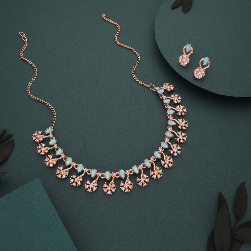 Tehzeeb Creations Rose Gold-Polished Sky Blue Choker Necklace With Dangle Earrings