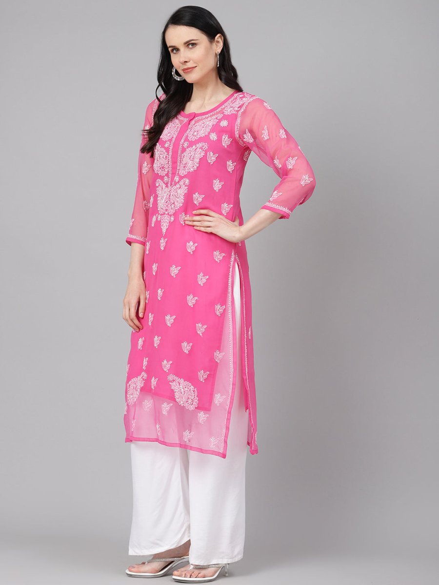 ADA Women Pink & White Sheer Chikankari Embroidered Straight Handloom Kurta with Inner