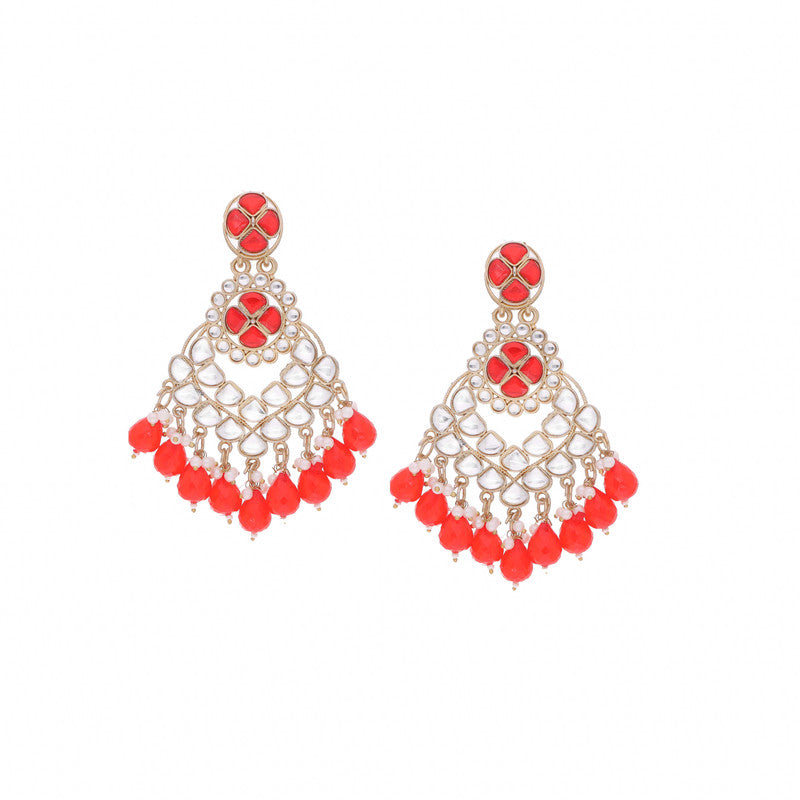 Tehzeeb Creations Gold Polish Kundan Red Colour Earrings
