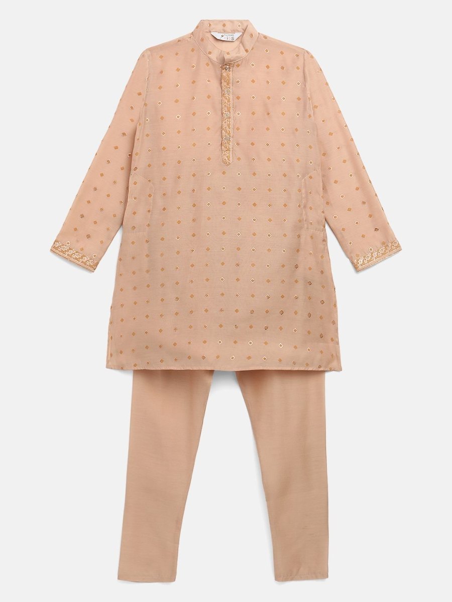 Ahalyaa Boys Beige Chanderi Khari Printed Kids Kurta Churidar Set