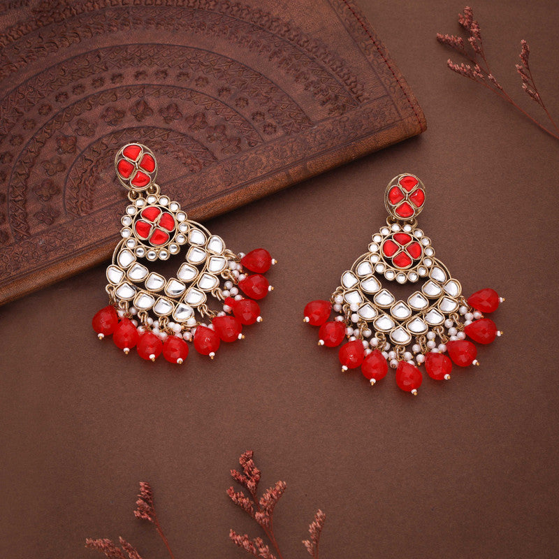 Tehzeeb Creations Gold Polish Kundan Red Colour Earrings