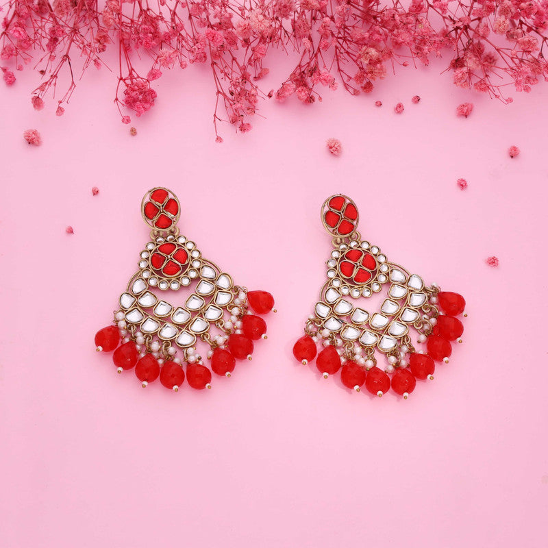Tehzeeb Creations Gold Polish Kundan Red Colour Earrings