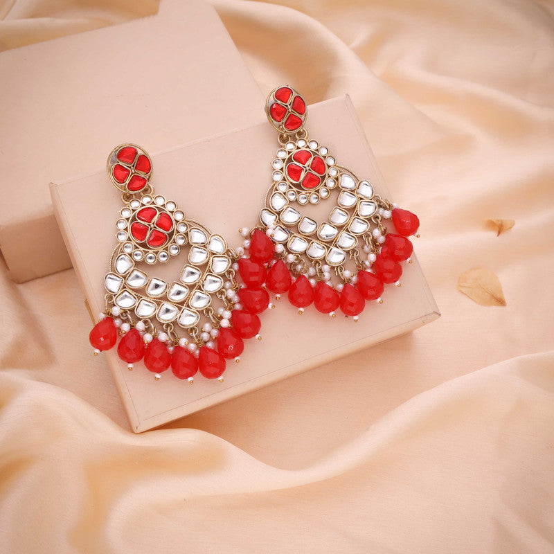 Tehzeeb Creations Gold Polish Kundan Red Colour Earrings