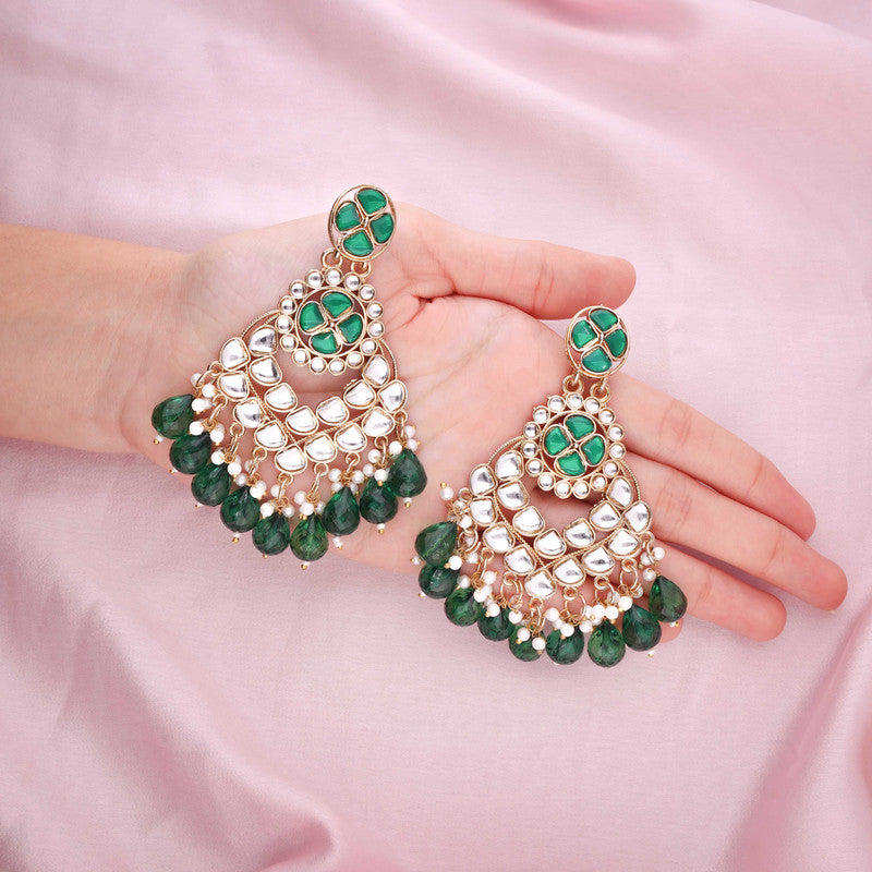 Tehzeeb Creations Gold Polish Kundan Green Colour Earrings