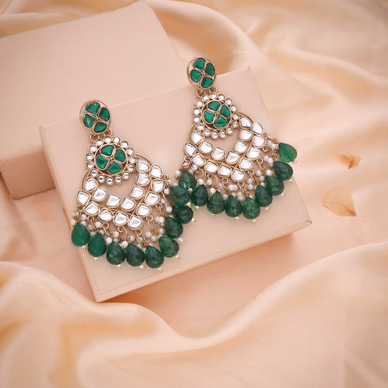 Tehzeeb Creations Gold Polish Kundan Green Colour Earrings