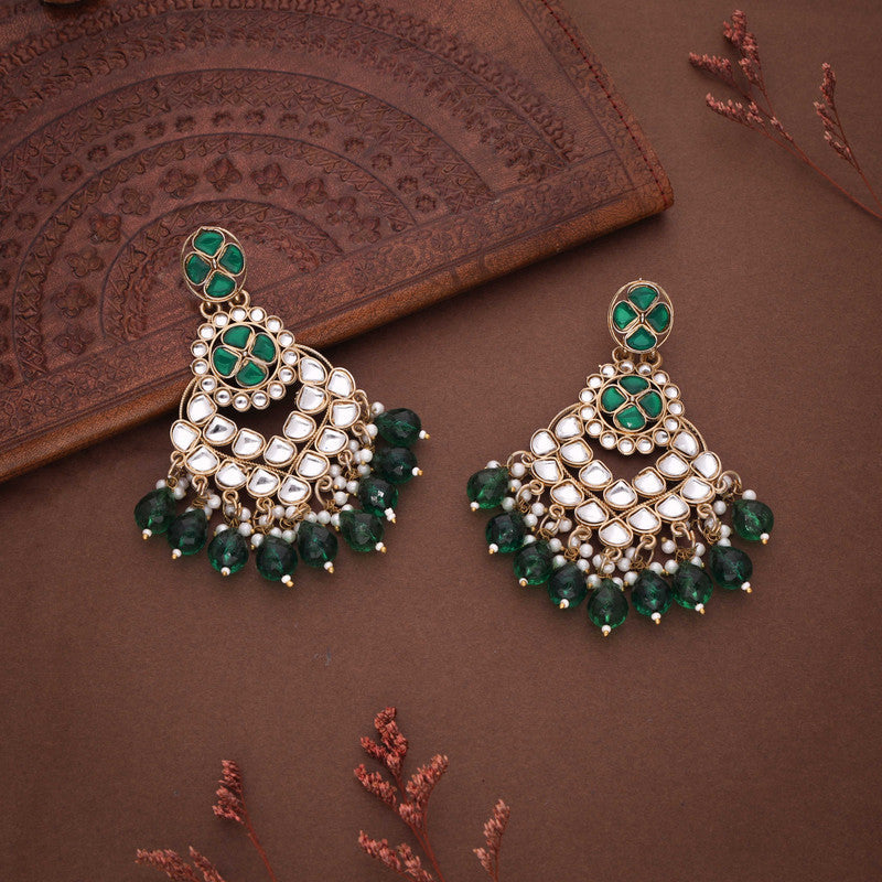 Tehzeeb Creations Gold Polish Kundan Green Colour Earrings