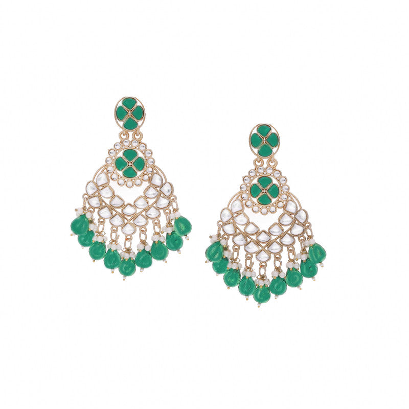 Tehzeeb Creations Gold Polish Kundan Green Colour Earrings