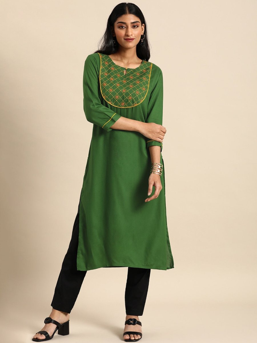 All About You Women Green Ethnic Motifs Yoke Design Keyhole Neck Straight Kurta