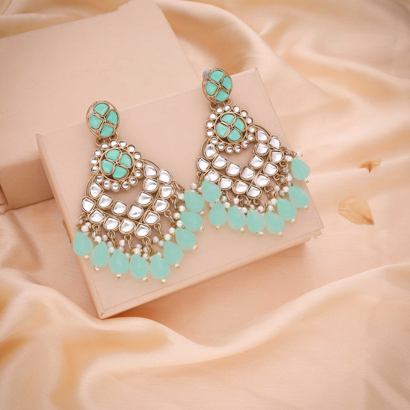 Tehzeeb Creations Gold Polish Kundan Sea Green Colour Earrings