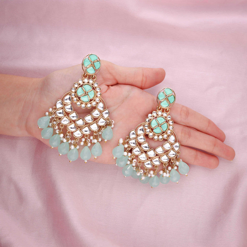 Tehzeeb Creations Gold Polish Kundan Sea Green Colour Earrings