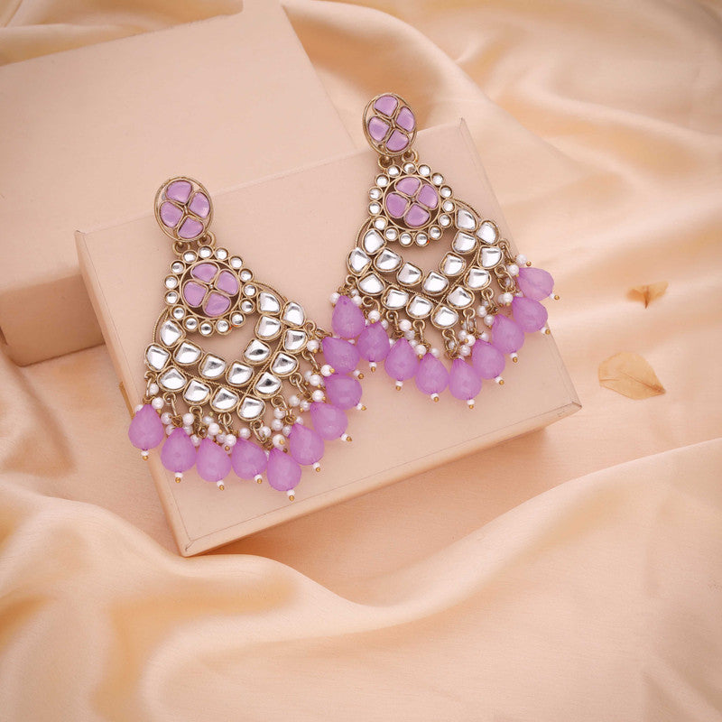 Tehzeeb Creations Gold Polish Kundan Purple Colour Earrings