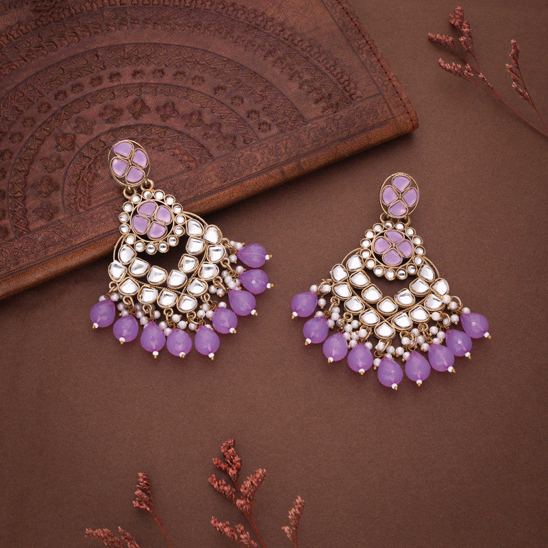 Tehzeeb Creations Gold Polish Kundan Purple Colour Earrings
