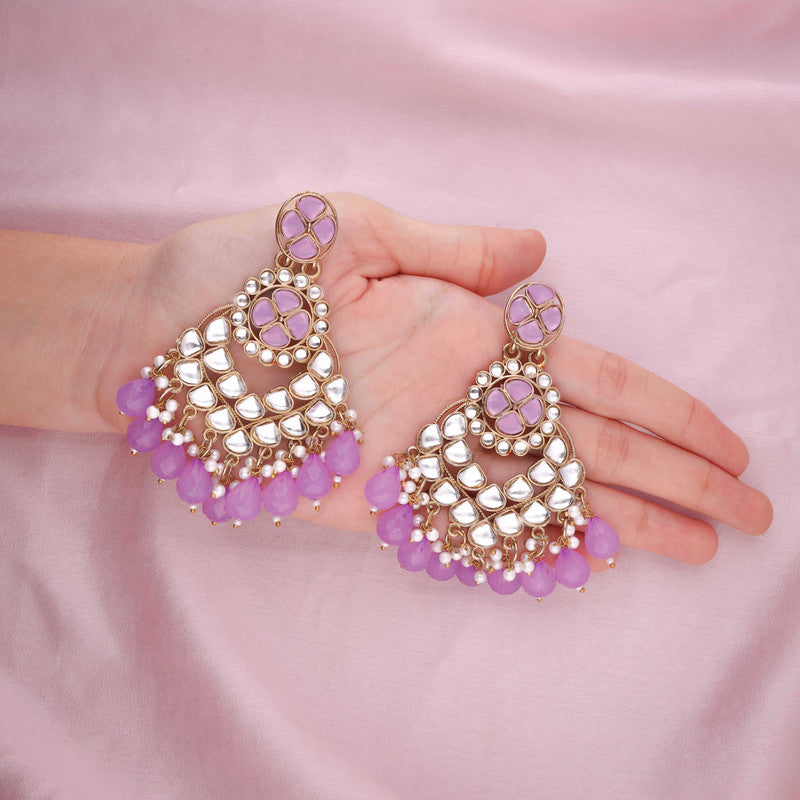 Tehzeeb Creations Gold Polish Kundan Purple Colour Earrings