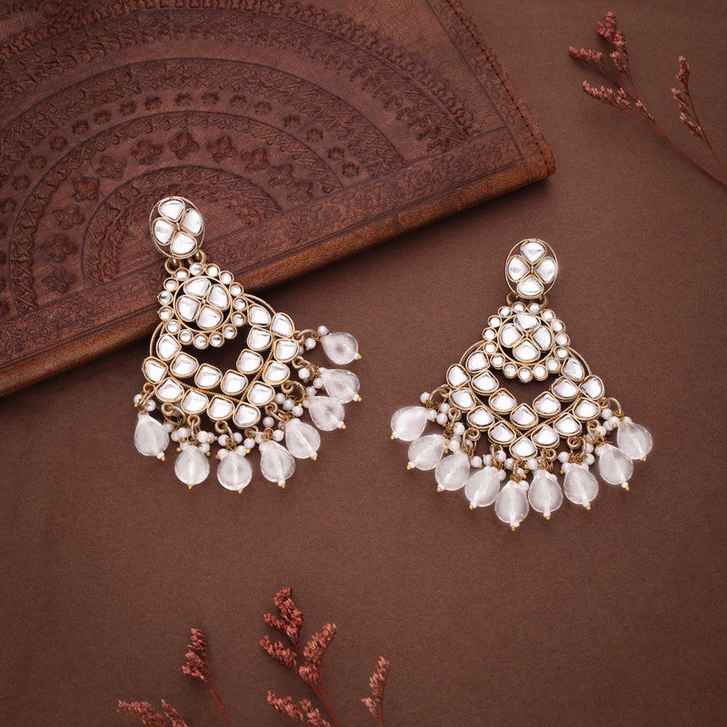 Tehzeeb Creations Gold Polish Kundan White Colour Earrings
