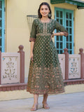 Juniper Women's Olive Green Ethnic Motif Printed Chanderi Dress With Sequins & Zari Work