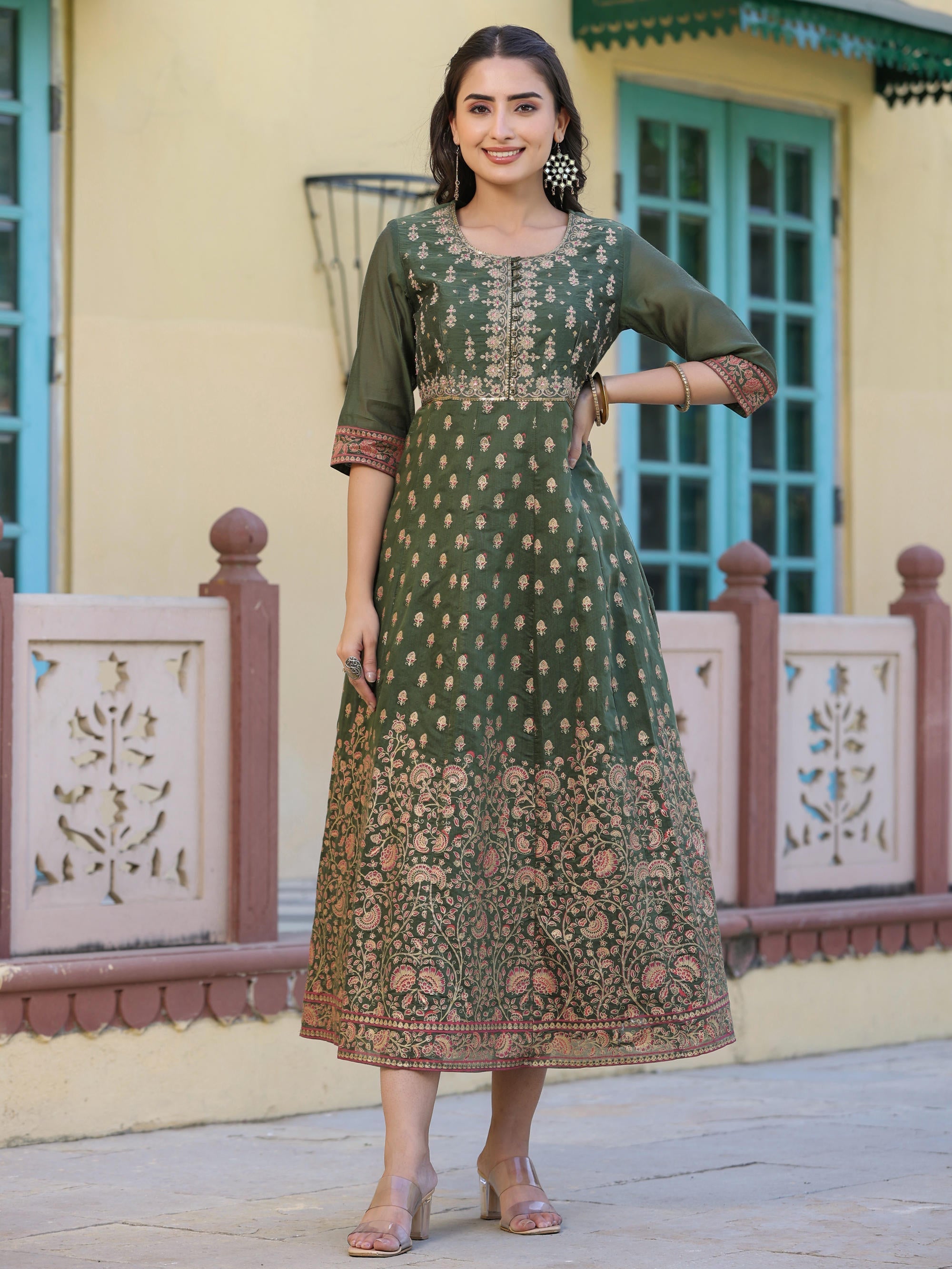 Juniper Women's Olive Green Ethnic Motif Printed Chanderi Dress With Sequins & Zari Work