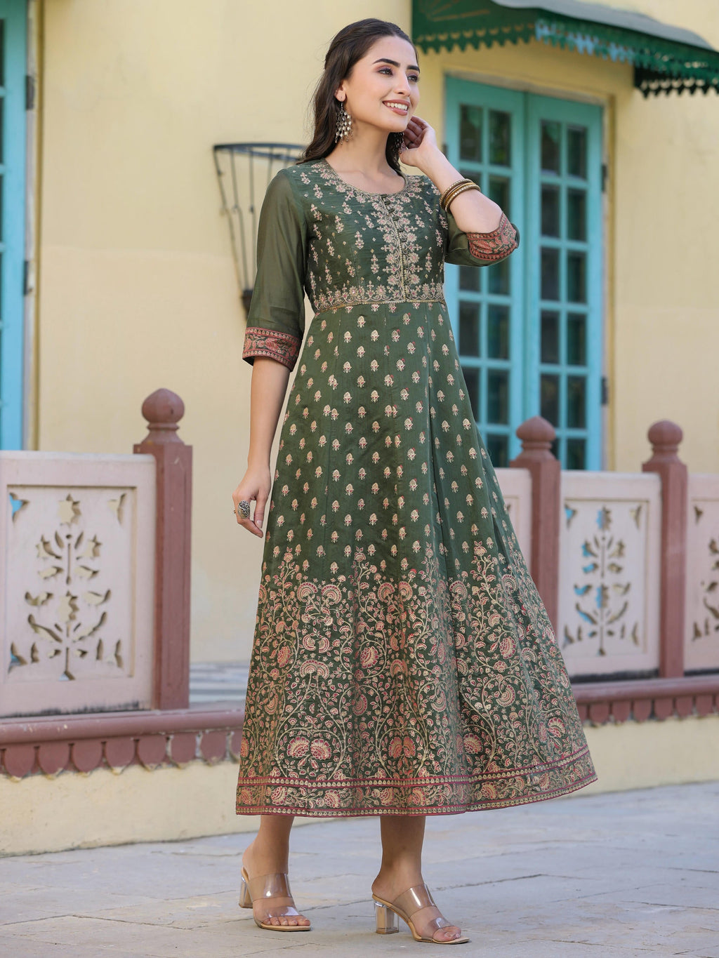Juniper Women's Olive Green Ethnic Motif Printed Chanderi Dress With Sequins & Zari Work