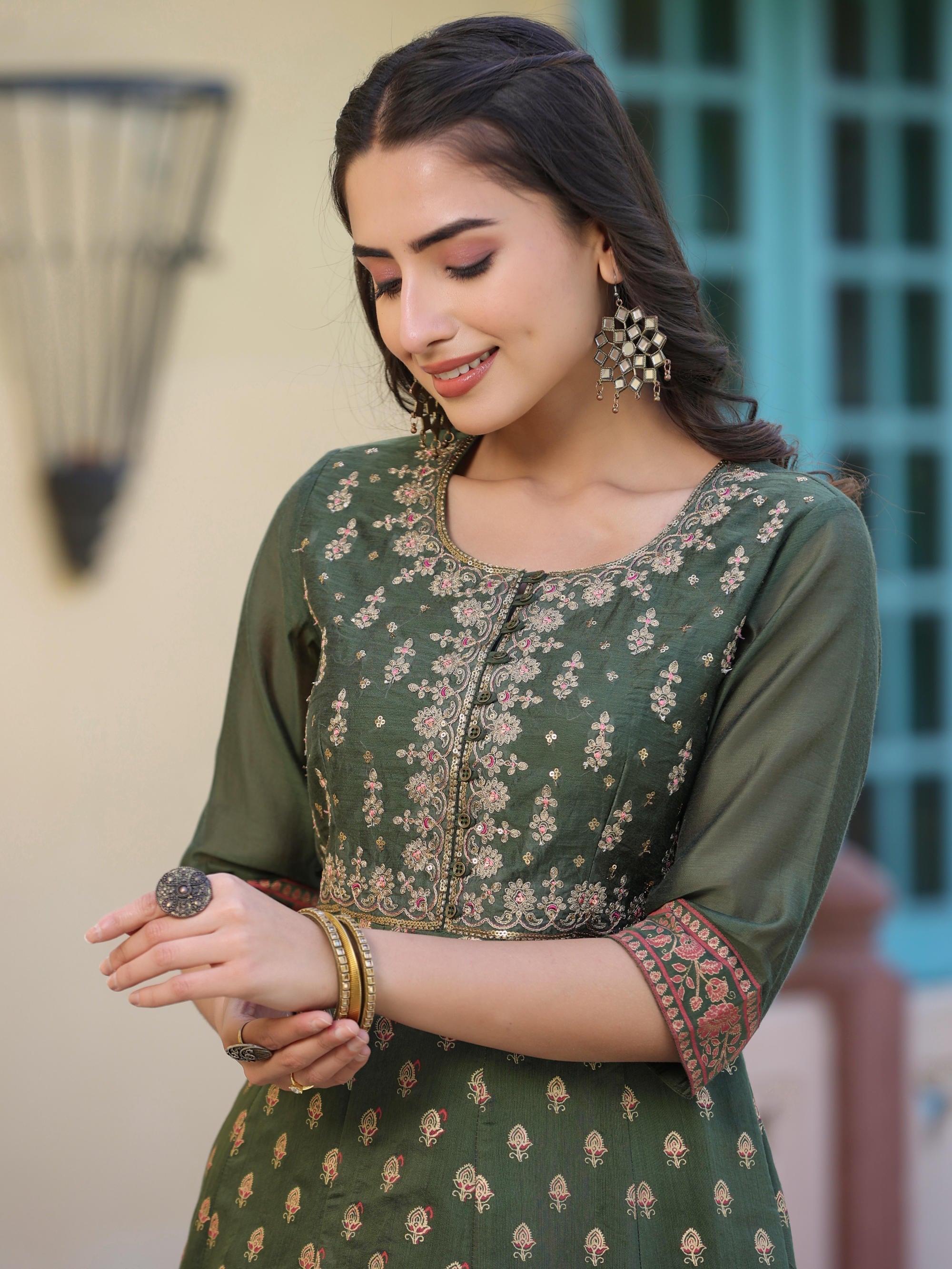 Juniper Women's Olive Green Ethnic Motif Printed Chanderi Dress With Sequins & Zari Work