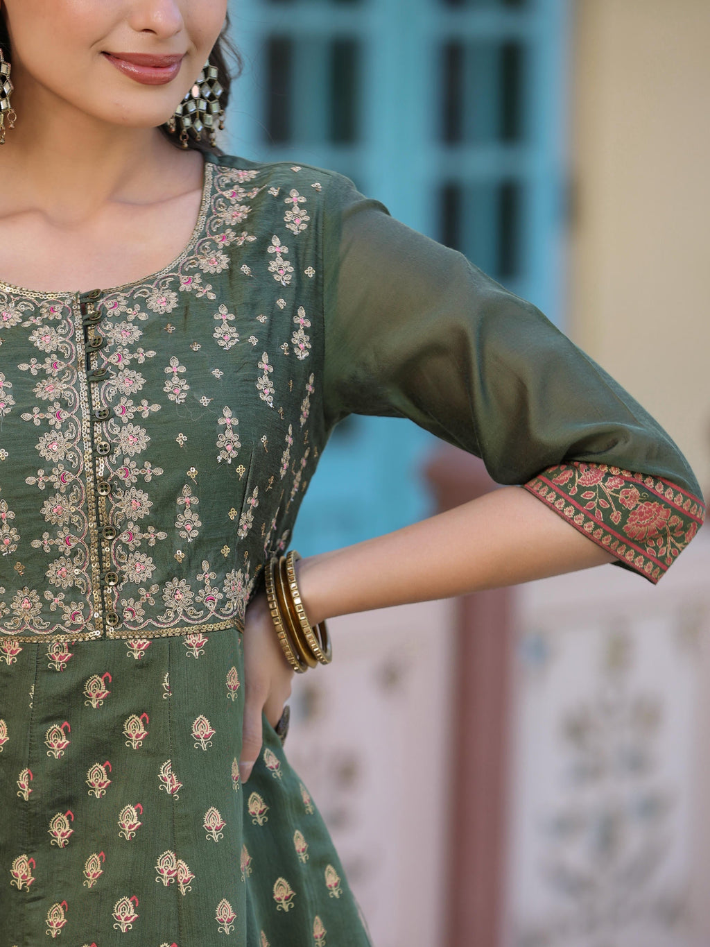 Juniper Women's Olive Green Ethnic Motif Printed Chanderi Dress With Sequins & Zari Work