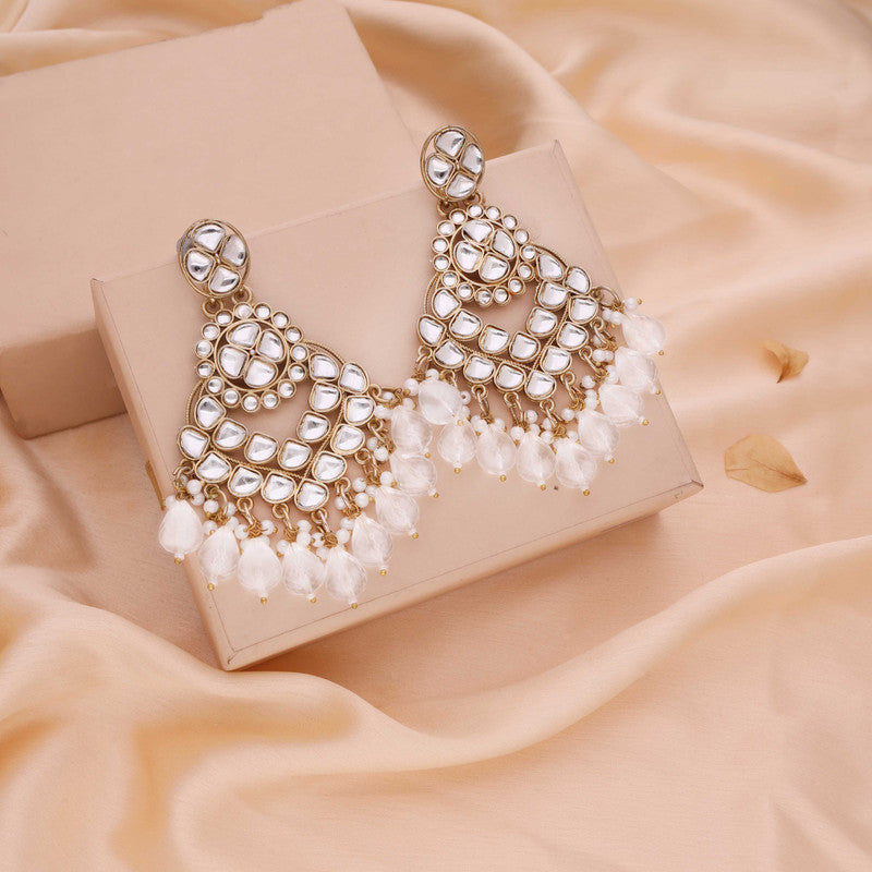 Tehzeeb Creations Gold Polish Kundan White Colour Earrings