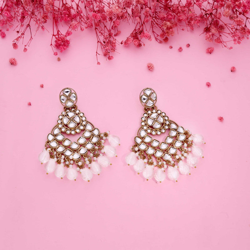 Tehzeeb Creations Gold Polish Kundan White Colour Earrings