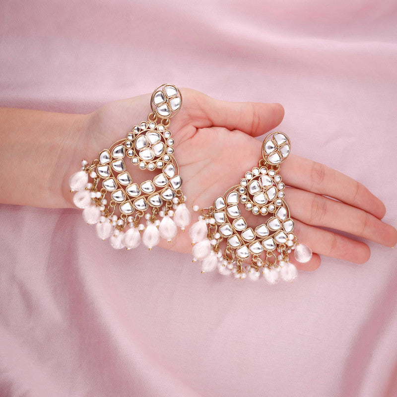 Tehzeeb Creations Gold Polish Kundan White Colour Earrings