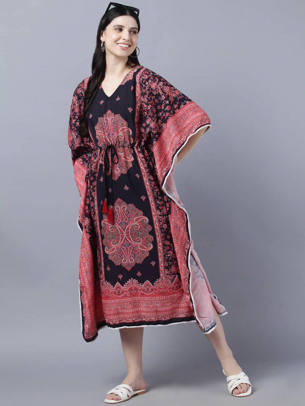 Myshka Peach-Coloured Purple Floral Kaftan Midi Dress