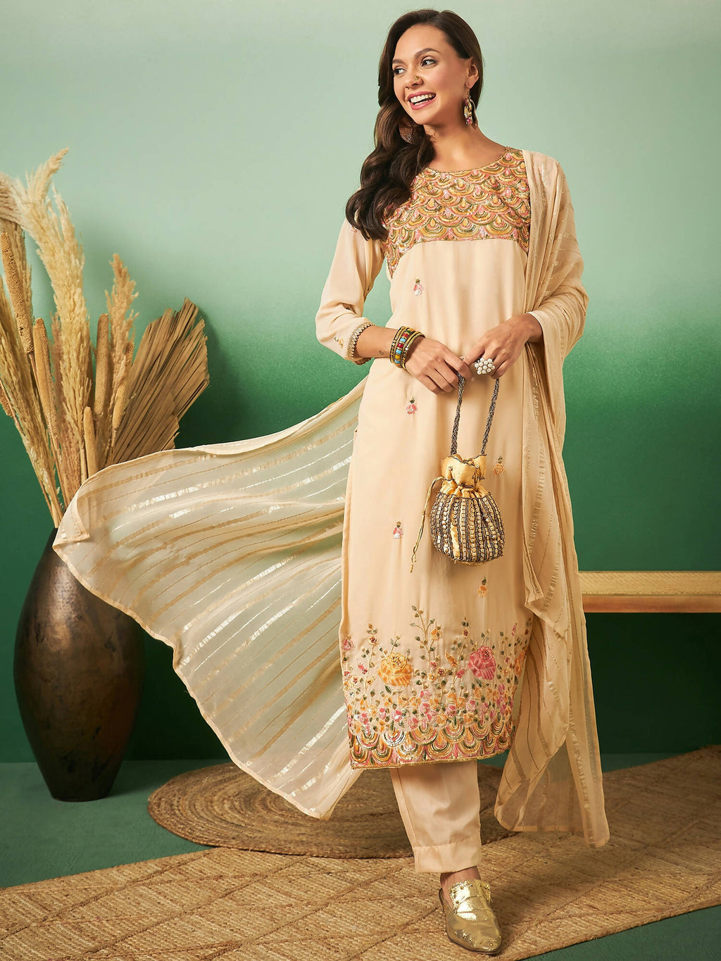Light Orange Georgette Handwork Unstitched Dress Material - Hanika