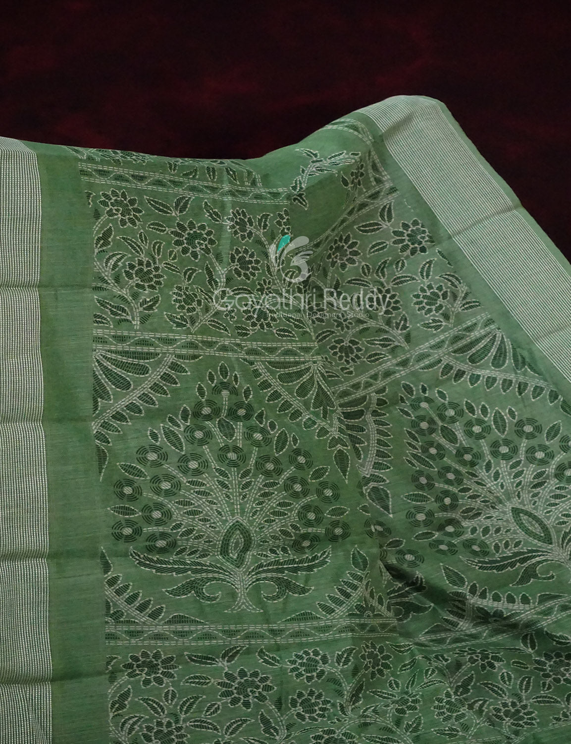Leaf Green Coloured Block Print Semi Chanderi Saree By Gayathri Reddy Designer Studio