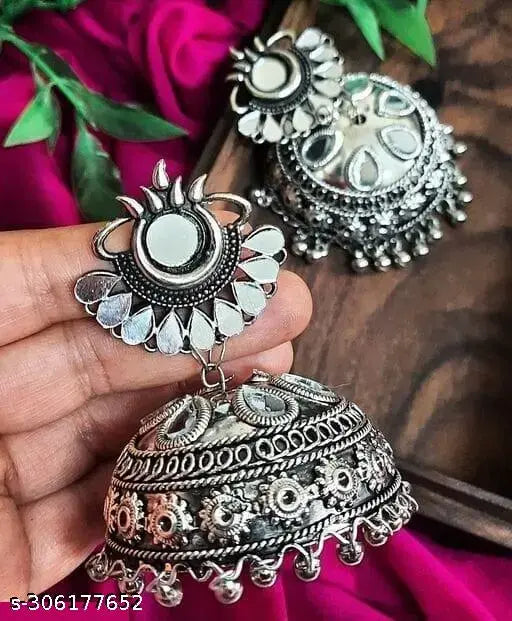 Tehzeeb Creations Women's Silver Colour Oxidised Earrings With Mirror Work